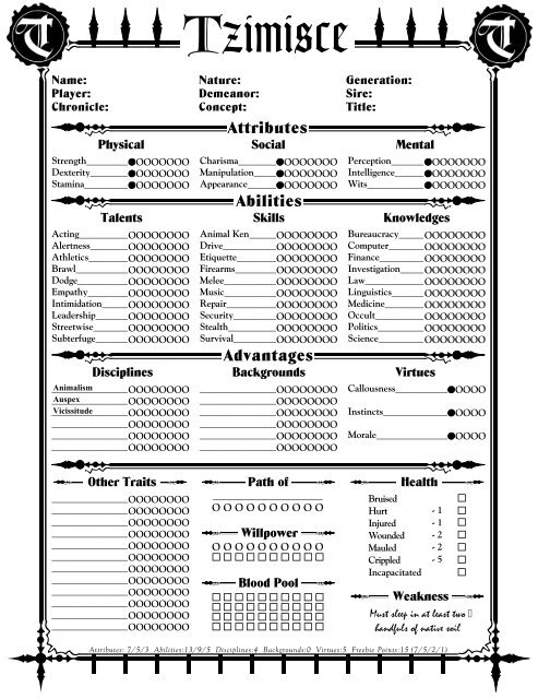 Vampire The Masquerade Character Sheet