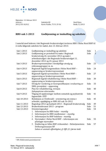 RBU-møte, 20130213 - innkalling med sakspapirer - Helse Nord