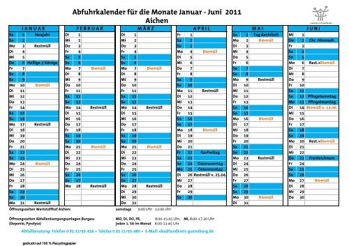 Abfuhrkalender für die Monate Januar - Juni 2011