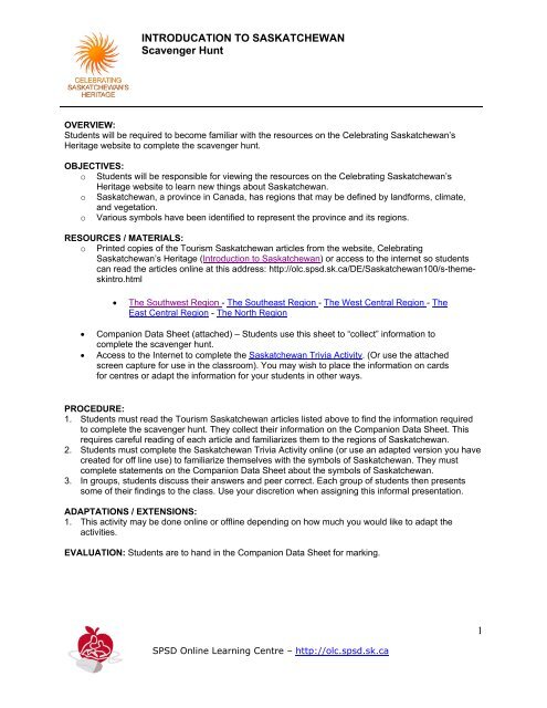 Introducation To Saskatchewan Scavenger Hunt 1 Online