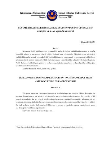 Günümüz İşletmeleri İçin Ahilik Kültüründen Örtülü Bilginin Gelişim ...