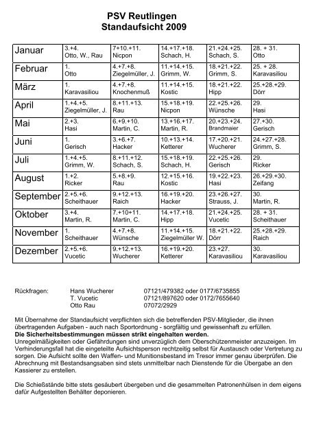 PSV Reutlingen Standaufsicht 2009 Januar Februar März April Mai ...