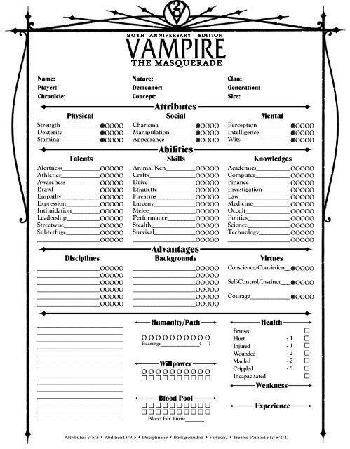 Vampire: The Masquerade 20th Aniversary Character Sheet