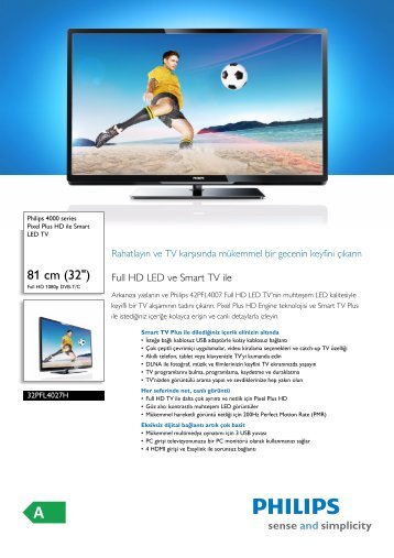 32PFL4027H/12 Philips Pixel Plus HD ile Smart LED TV