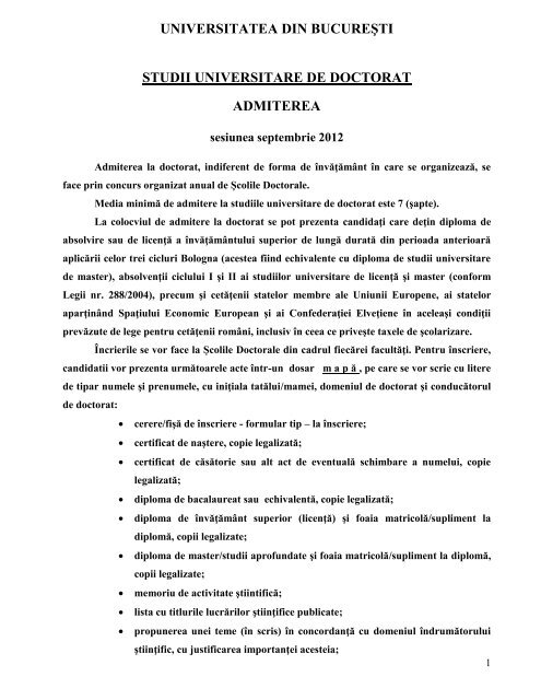 Universitatea Din Bucuresti Studii Universitare De Doctorat Admiterea