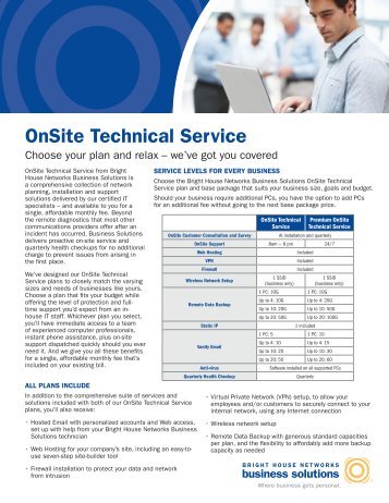 OnSite Technical Service Plan Selection Data Sheet - Bright House ...