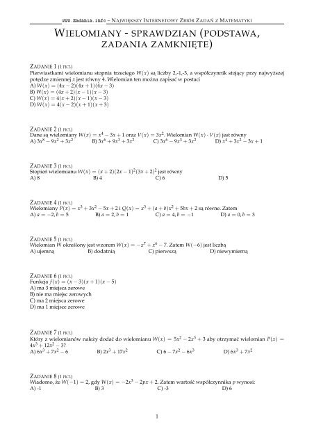 WIELOMIANY - SPRAWDZIAN (PODSTAWA ... - Zadania.info