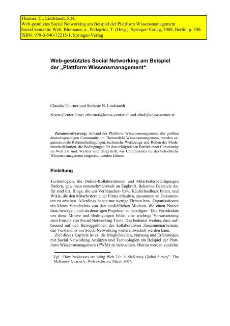 Web-gestütztes Social Networking am Beispiel der ... - Know-Center