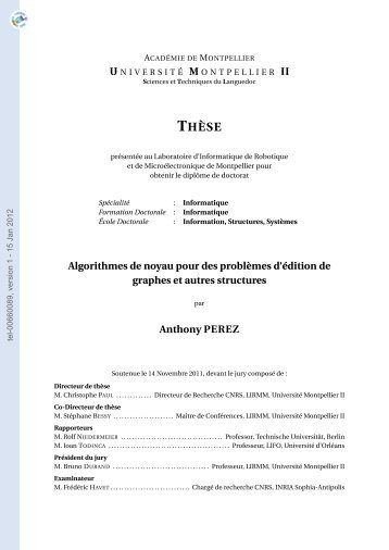 Algorithmes de noyau pour des problèmes d'édition de graphes et ...