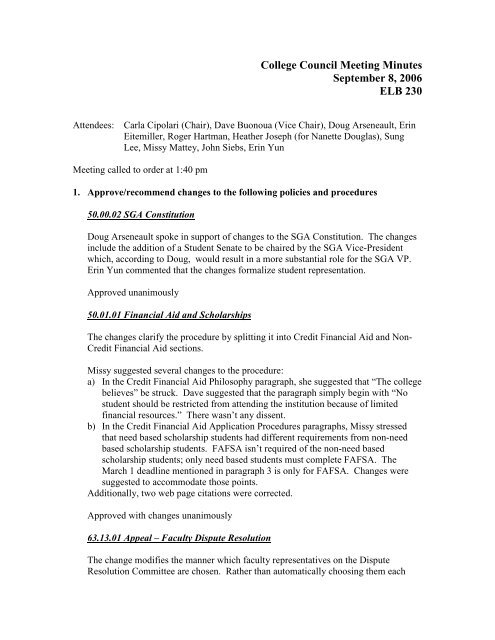 College Council Meeting Minutes September 8, 2006 ELB 230