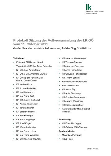 Protokoll Sitzung der Vollversammlung der LK OÖ vom 11. Oktober ...