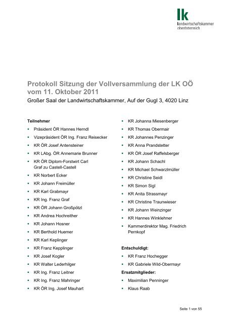 Protokoll Sitzung der Vollversammlung der LK OÖ vom 11. Oktober ...