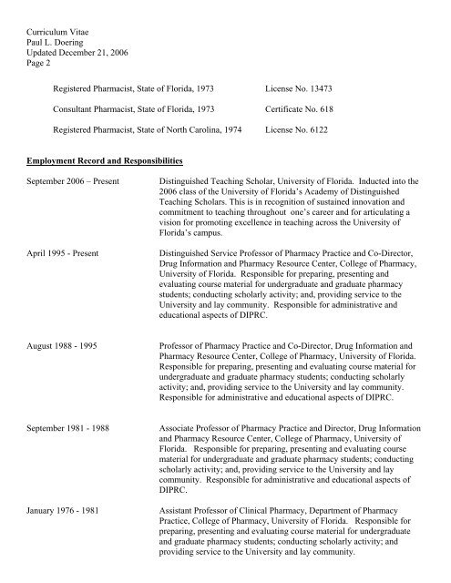 Curriculum Vitae - College of Pharmacy - University of Florida