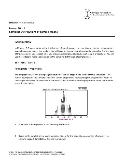 Lesson 10 1 1 Sampling Distributions Of Sample Means Faculty