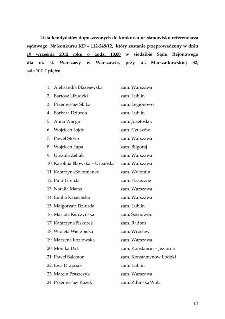 Lista kandydatów dopuszczonych do konkursu na stanowisko ...