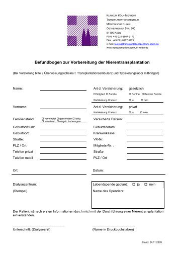 Befundbogen zur Vorbereitung der Nierentransplantation