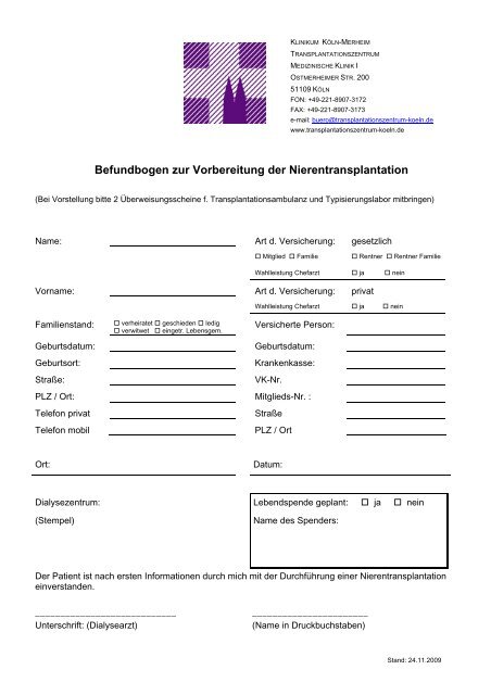 Befundbogen zur Vorbereitung der Nierentransplantation