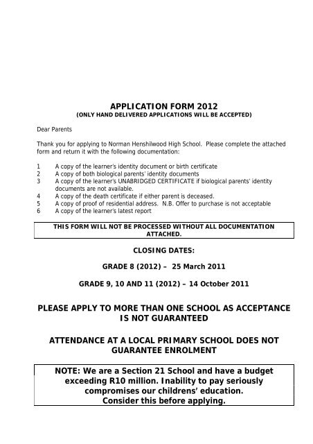 application form 2012 - Norman Henshilwood High School