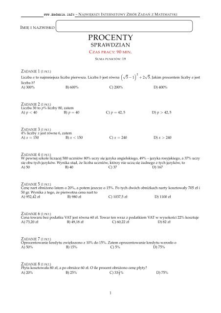 Sprawdzian Z Działu Procenty 1 Gimnazjum www.yumpu.com
