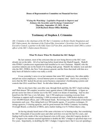 Testimony of Stephen J. Crimmins - House Committee on Financial ...