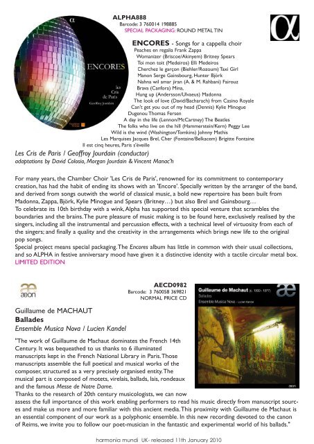 CLASSICAL new release harmonia mundi UK available 11th ...