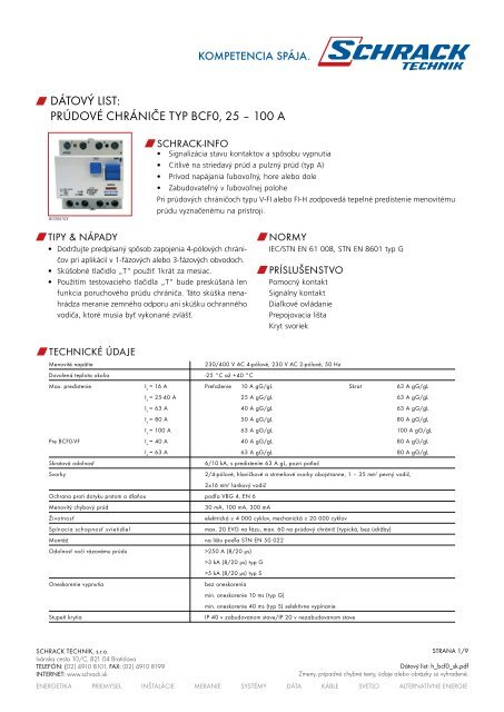 w DÁTOVÝ LIST: PRÚDOVÉ CHRÁNIČE TYP BCF0, 25 ... - Schrack