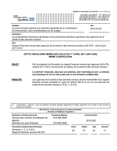 Service des normes et pratiques de gestion Direction du suivi ...
