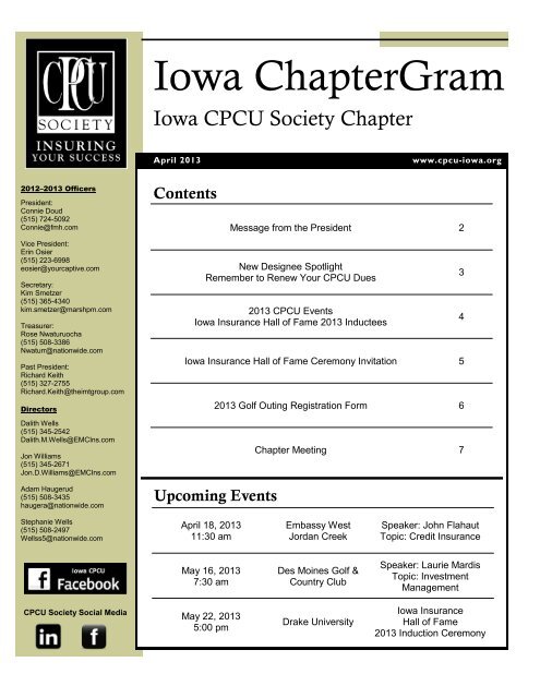 April 2013 ChapterGram - Iowa CPCU Society Chapter