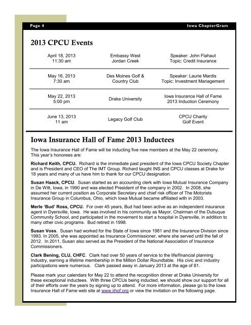 April 2013 ChapterGram - Iowa CPCU Society Chapter