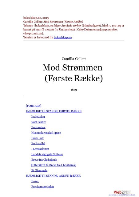 bokselskap.no, 2013 Camilla Collett: Mod Strømmen (Første Række ...