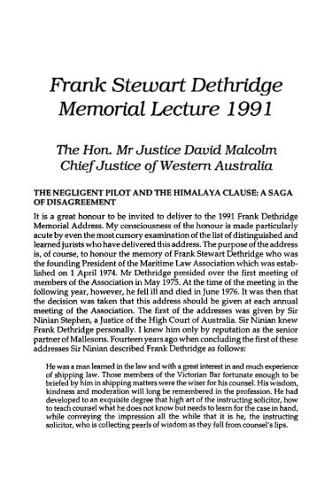 Frank Stewart Dethridge Memorial Lecture 1991