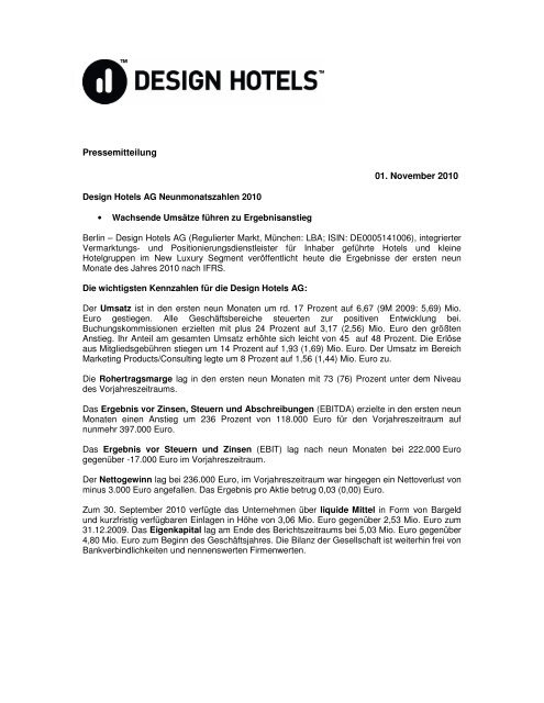 Pressemitteilung 01. November 2010 - Design Hotels