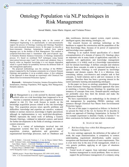 Ontology Population via NLP Techniques in Risk ... - Hal-SHS