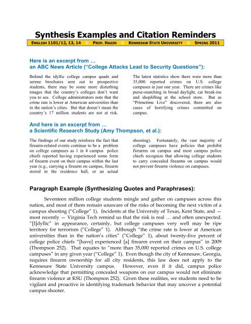 Synthesis Examples - KsuWeb - Kennesaw State University