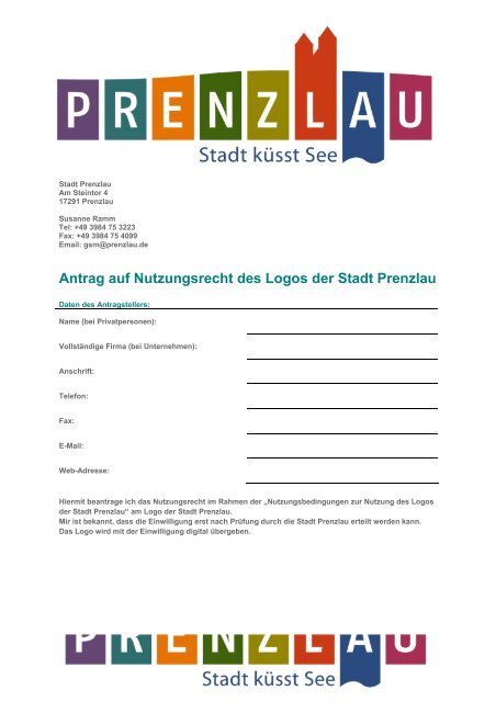 Antrag auf Nutzungsrecht des Logos der Stadt Prenzlau