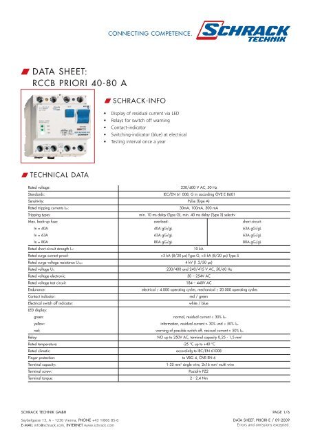 W DATA SHEET: RCCB PRIORI 40-80 A - Schrack