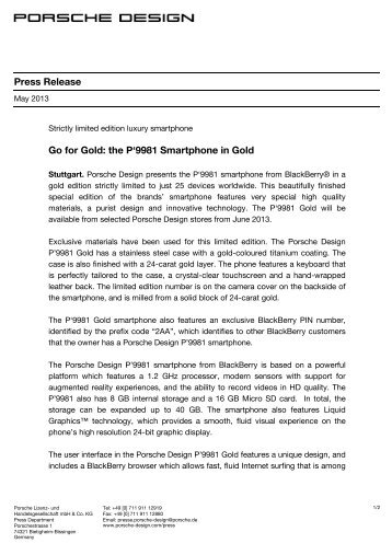 Press Release Go for Gold: the P'9981 ... - Porsche Design