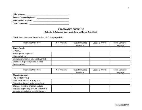 PRAGMATICS CHECKLIST