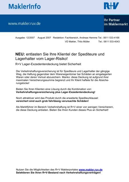 12/2007: R+V Lager-Exzedentendeckung bietet Sicherheit