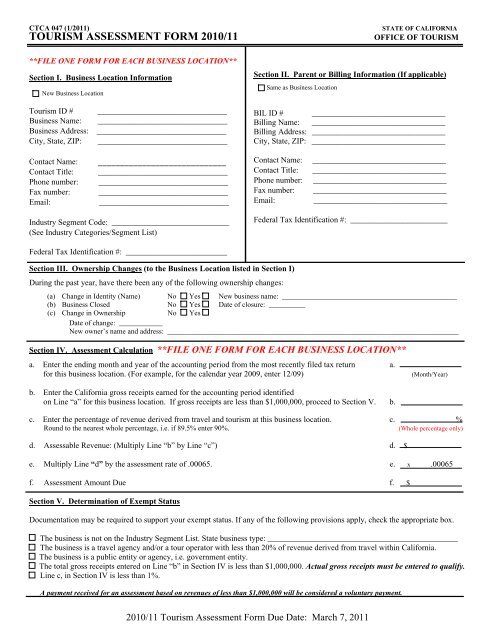 2010/11 Tourism Assessment Form - the California Tourism Industry ...