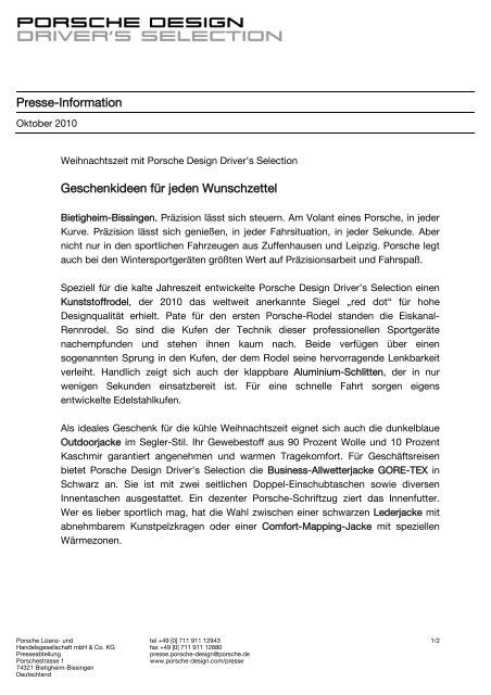 Presse-Information Geschenkideen für jeden ... - Porsche Design