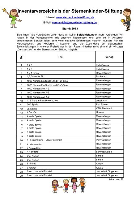 Inventarverzeichnis der Sternenkinder-Stiftung