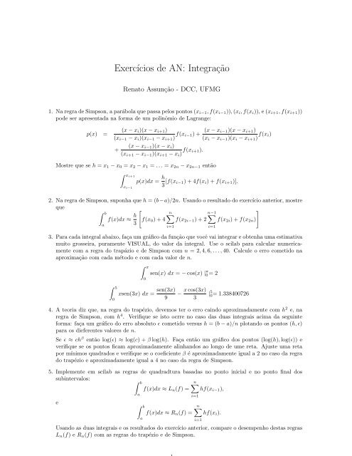 Exerc´ıcios de AN: Integraç˜ao - UFMG