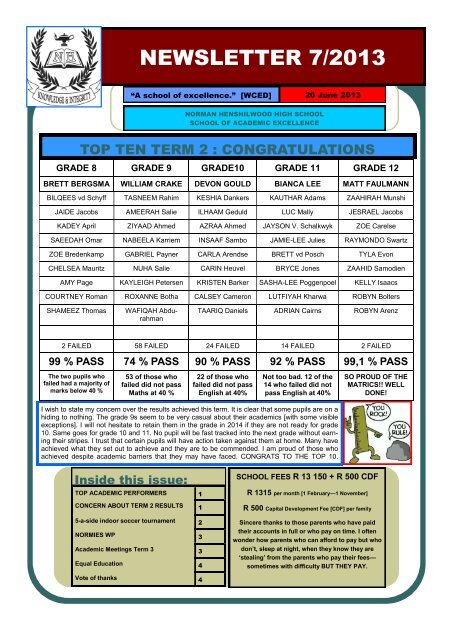 NEWSLETTER 7/2013 - Norman Henshilwood High School