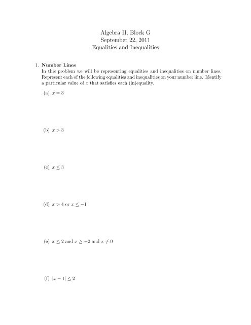 A worksheet on linear equalities and inequalities
