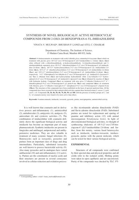 SYNTHESIS OF NOVEL BIOLOGICALlY ACTIVE HETEROCYCLIC ...