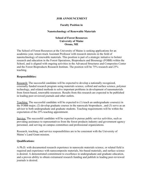 JOB ANNOUNCEMENT Faculty Position in Nanotechnology of ...