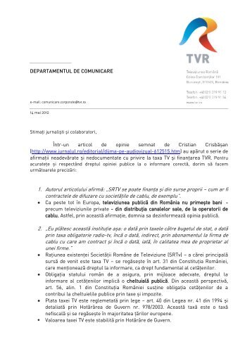 DEPARTAMENTUL DE COMUNICARE Într-un articol de opinie ...