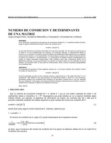 numero de condicion y determinante de una matriz - revista ...