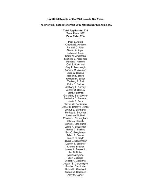 Unofficial Results of the 2003 Nevada Bar Exam The unofficial pass ...